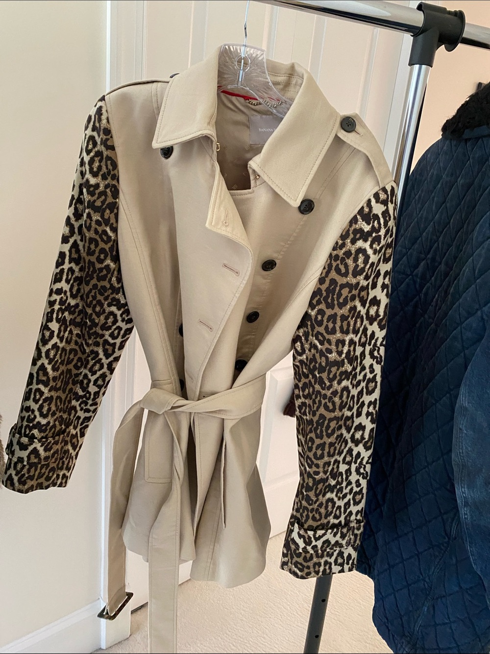 Leopard Sleeve Beige Trench Coat with Belt - Women’s Stylish Trench